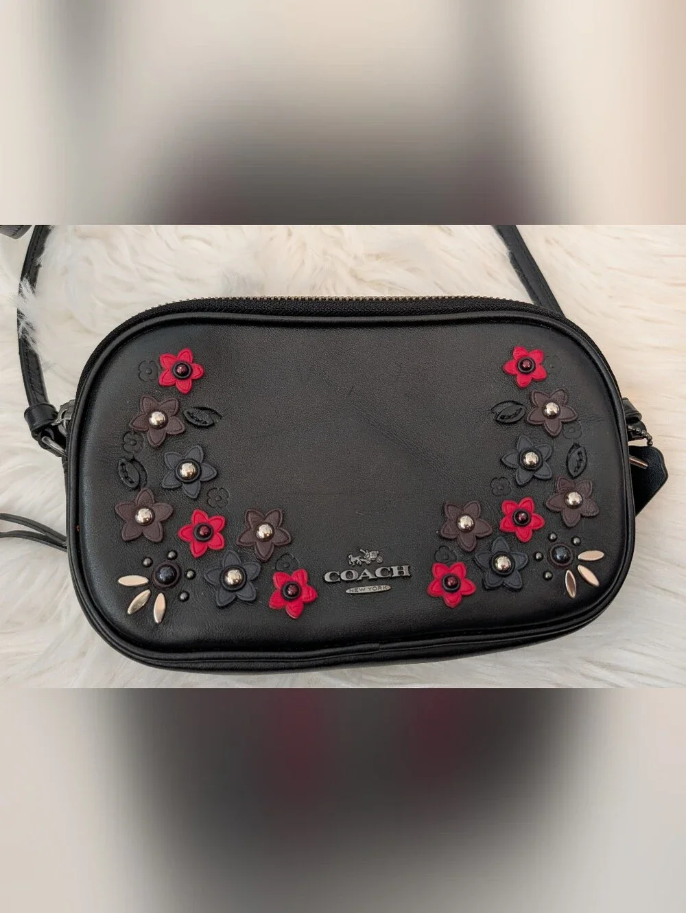 Coach Black Leather Floral Appliqué Small Crossbody